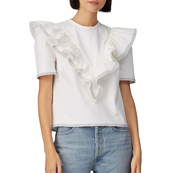 Saylor White Denim Ruffle Front Top Harriette Size Large Nautical Girly - Picture 1 of 8